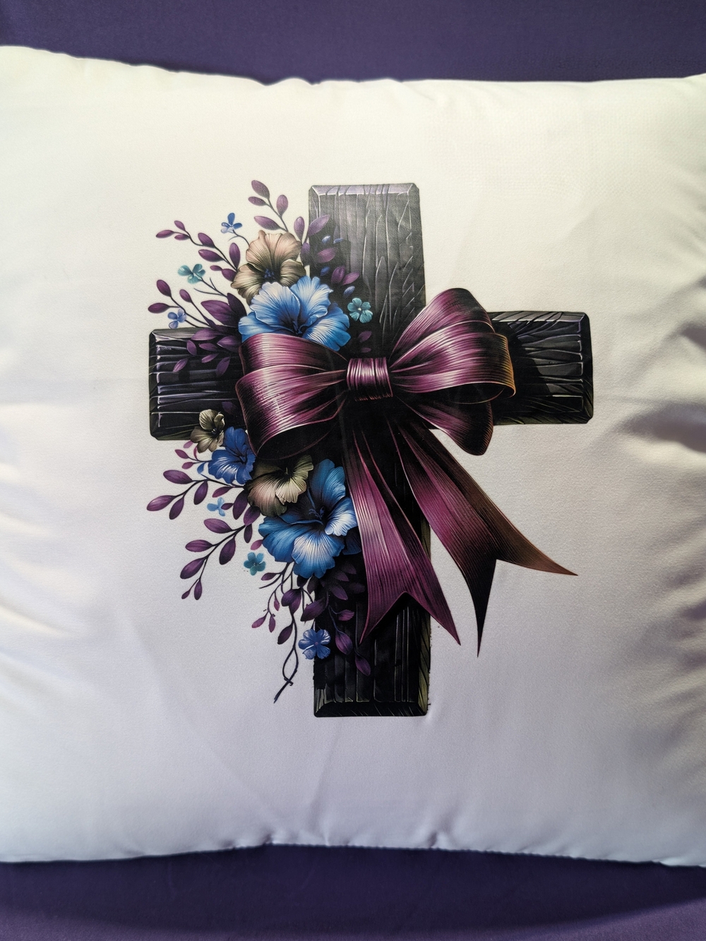 Decorative Pillow with Floral Cross and Purple Bow